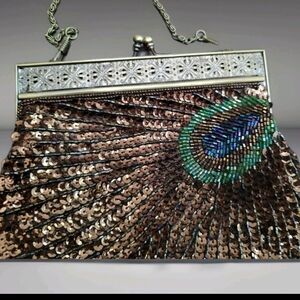 Beaded Sequin Peacock Feather Purse Evening Bag/Clutch Antique Bronzy Kiss Lock